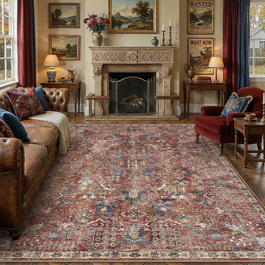 Hamam Vintage Persian Red Machine Washable Short Pile Washable Rug 9x12