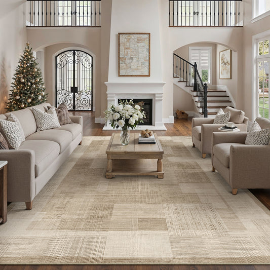 Poetic Modern Grid Pattern Brown Washable Area Rug