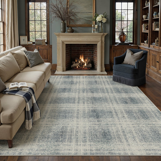 Azure Thread Modern Grid Pattern Blue Washable Area Rug