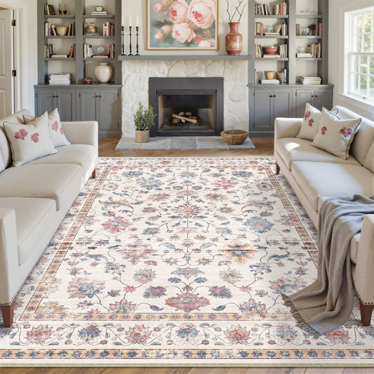 Secret Garden Modern Floral Beige Machine Washable Area Rug