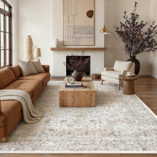 Reflections Garden Vintage Floral Beige Short Pile Washable Rug
