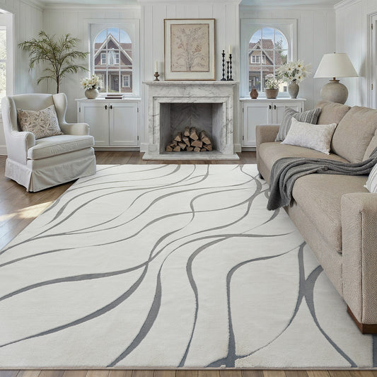 Fluid Modern Geometric White Shag Washable Rug
