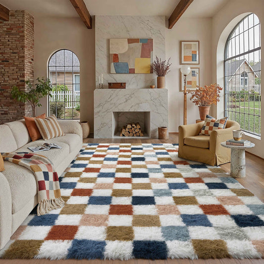 PureCozy Checkered Colorful Shag Washable Area Rug 9x12