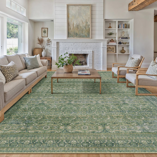 Soraya Persian Vintage Green Short Pile Distressed Washable Rug