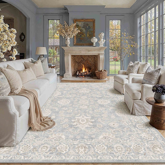 PureCozy Everbloom Vintage Floral Blue Short Pile Traditional Washable Rug 9x12