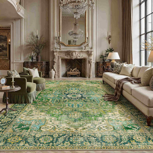 Emerald Lake Vintage Persian Medallion Green Short Pile Washable Rug