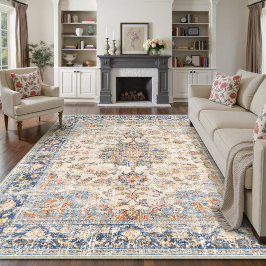 Velora Vintage Floral Blue Traditional Washable Rug