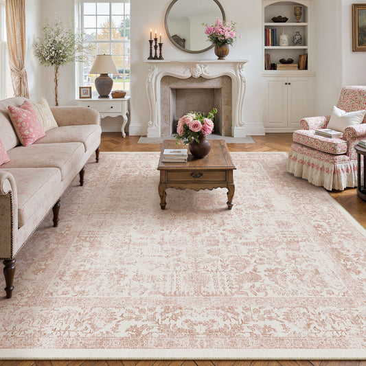 Sylva Vintage Persian Floral Pink Distressed Washable Rug