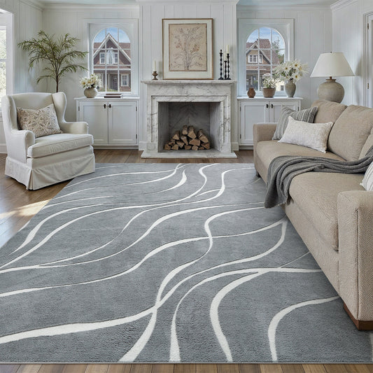 Fluid Modern Geometric Gray Shag Washable Rug