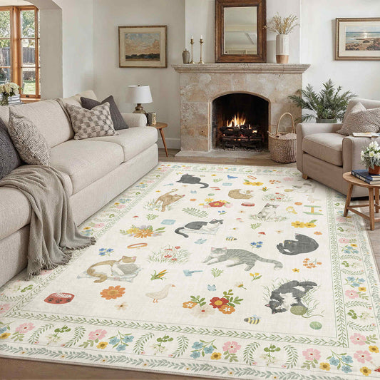 PureCozy Garden Cats Modern Animal Beige Washable Rug 9x12