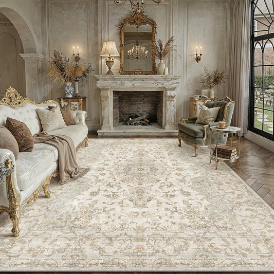 Saint Martin Vintage Floral Taupe Short Pile Traditional Washable Rug