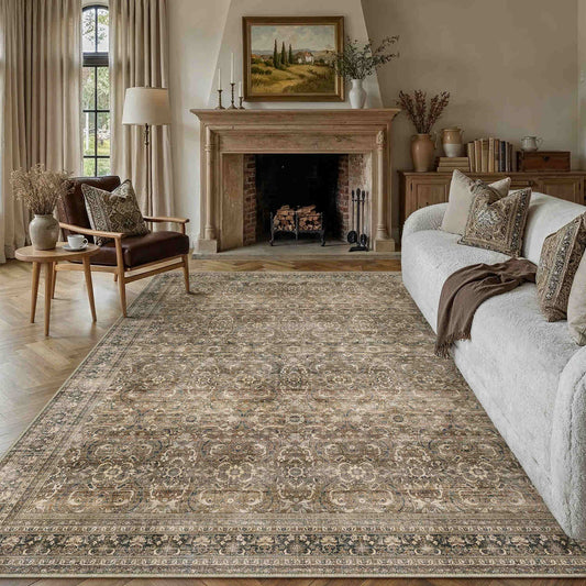 PureCozy Soraya Persian Vintage Brown Short Pile Distressed Washable Rug 9x12