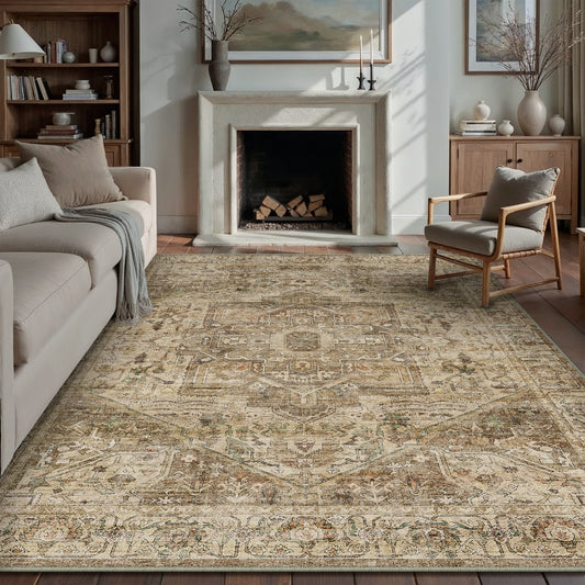 Mandala Persian Retro Medallion Brown Short Pile Washable Rug
