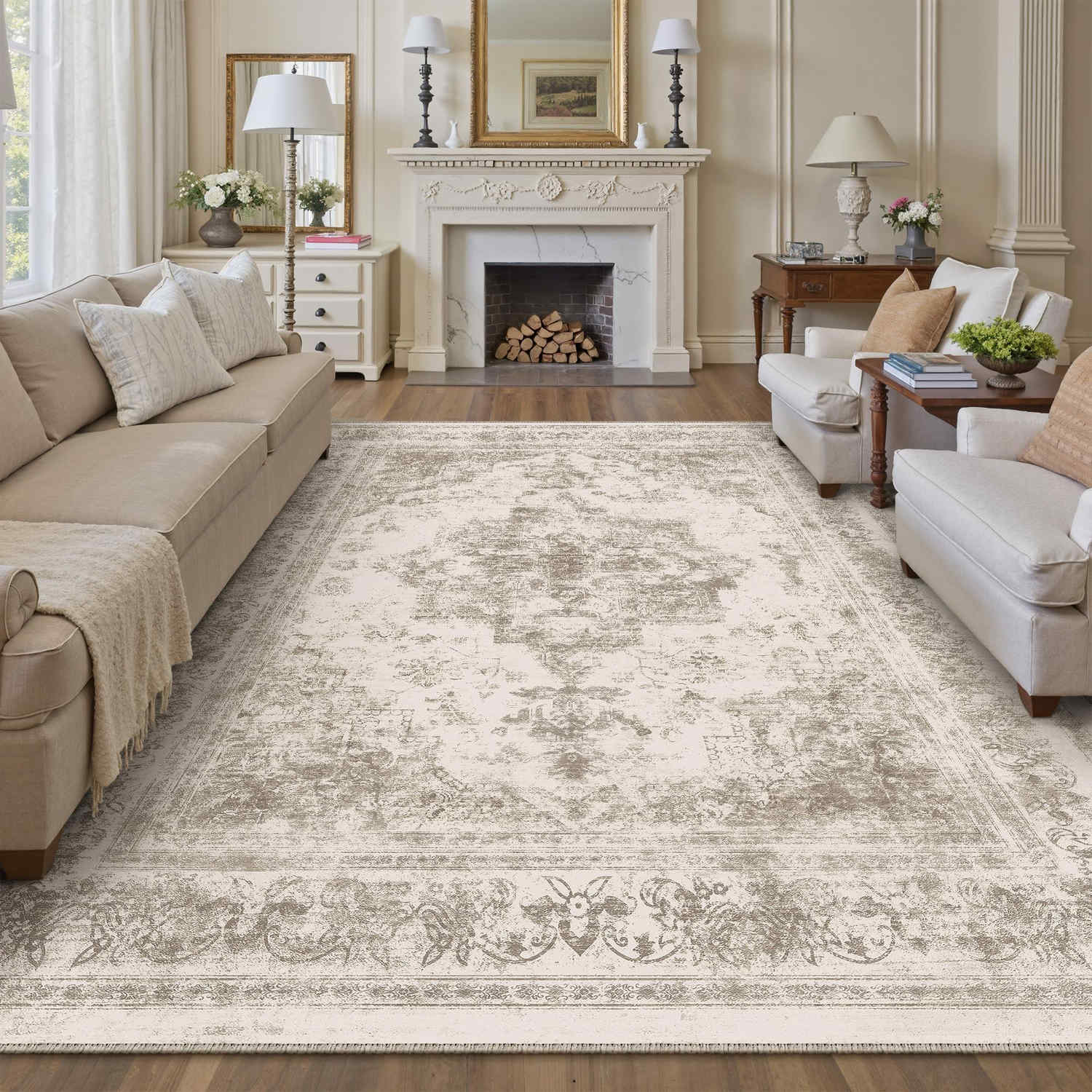 Nourah Vintage Persian Medallion Taupe Distressed Washable Rug