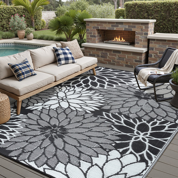 Bloom Outdoor Rug Shadow Bloom Modern Floral Black White Outdoor Rug – PureCozy