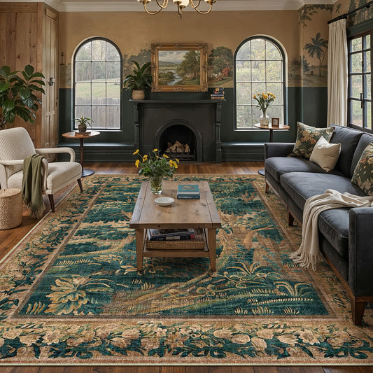 Woodland Antique Painting Colorful Traditional Washable Rug