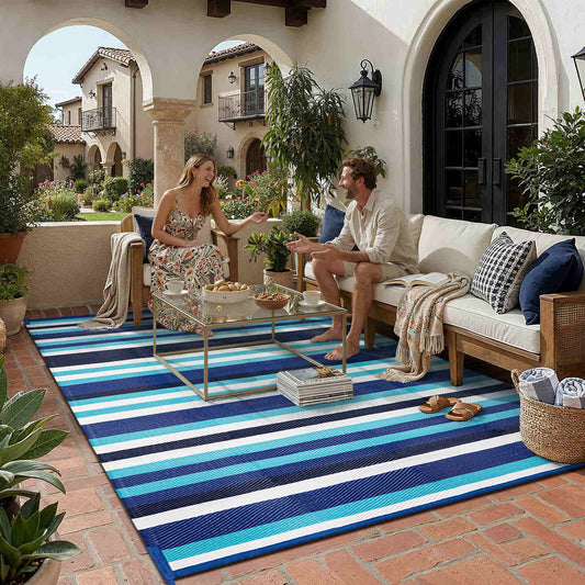 PureCozy Stripes Modern Striped Blue White Outdoor Rug 9x12