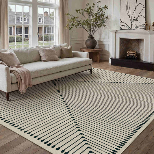 PureCozy Serene Angle Black Beige Herringbone Washable Indoor Outdoor Rug 8x10