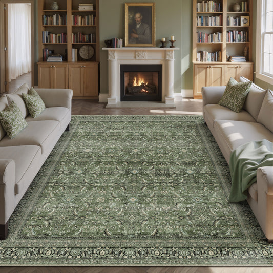 Amara Persian Vintage Green Short Pile Traditional Distressed Washable Rug