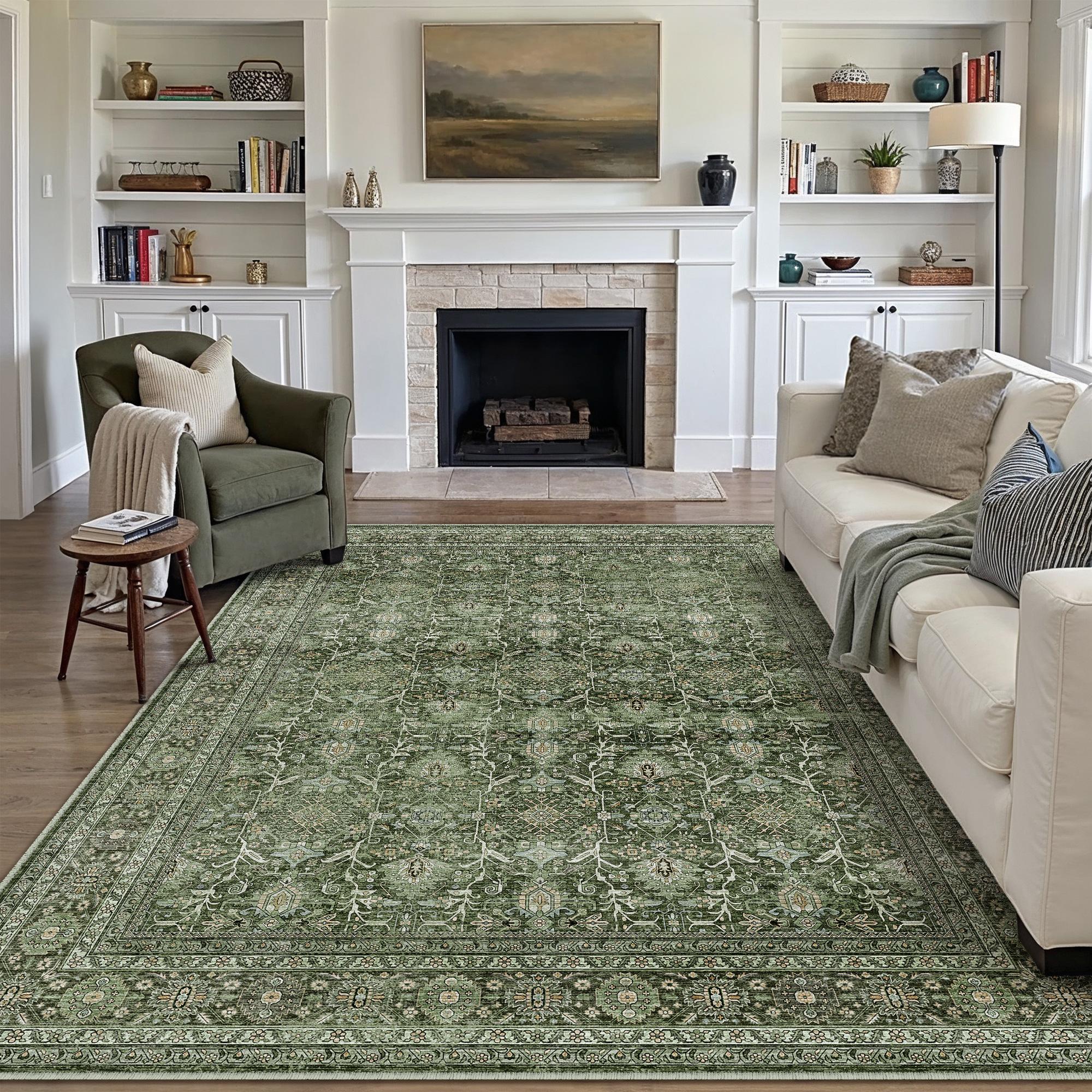 Selma Persian Vintage Green Short Pile Distressed Washable Rug