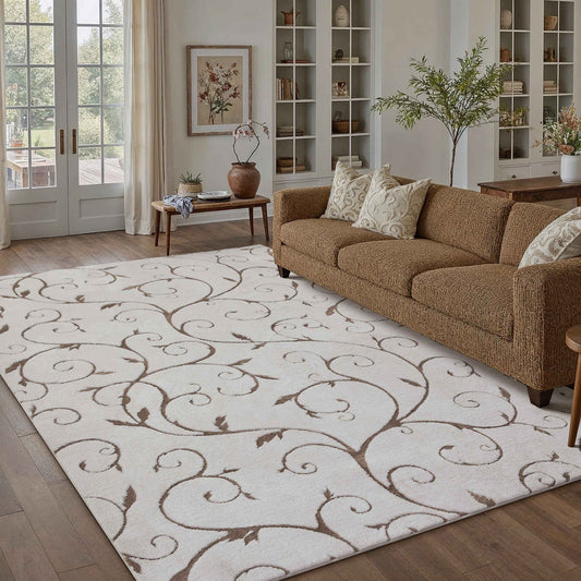 PureCozy Vine Modern Floral Beige Shag Machine Washable Rug 8x10