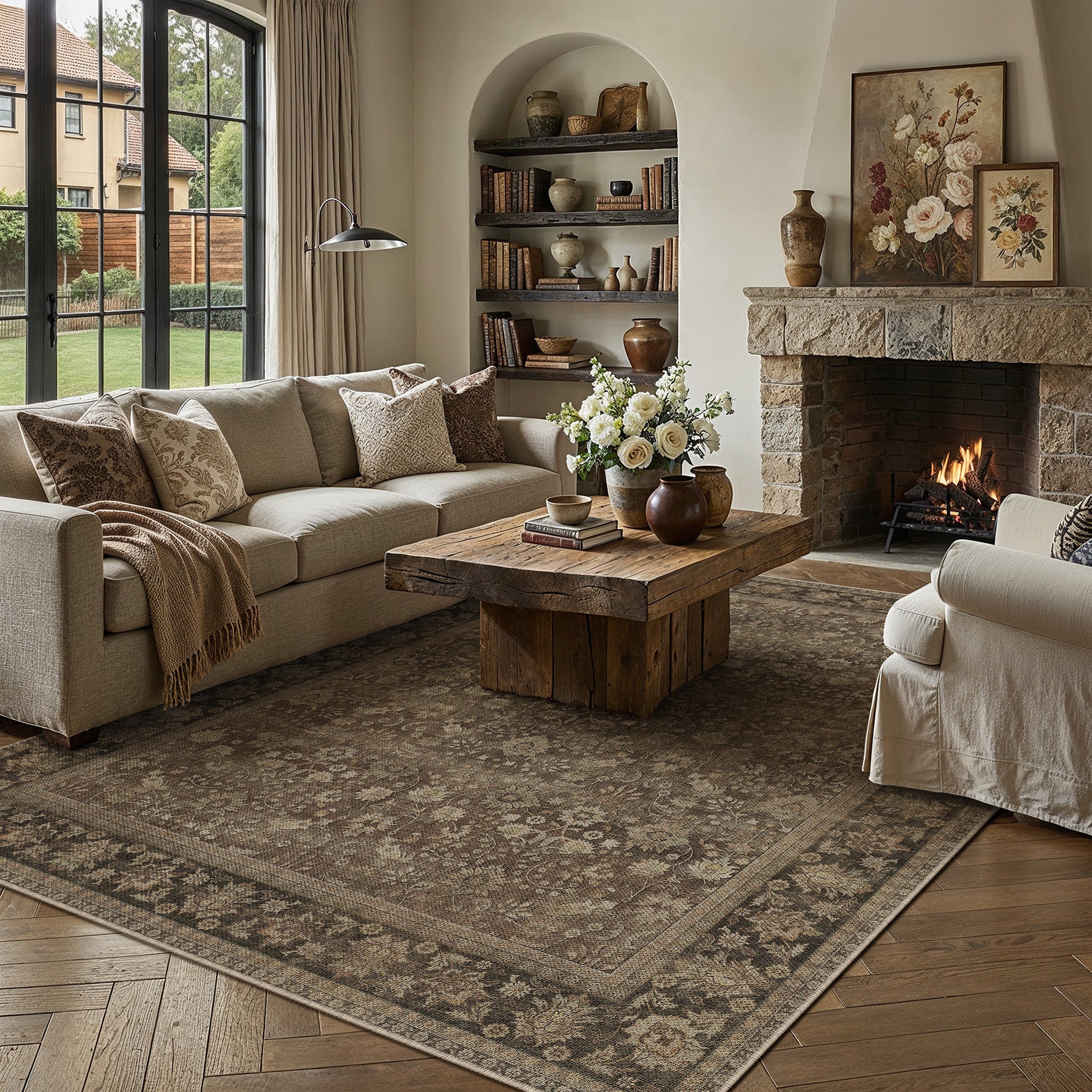 Thorned Garden Persian Vintage Brown Traditional Washable Rug