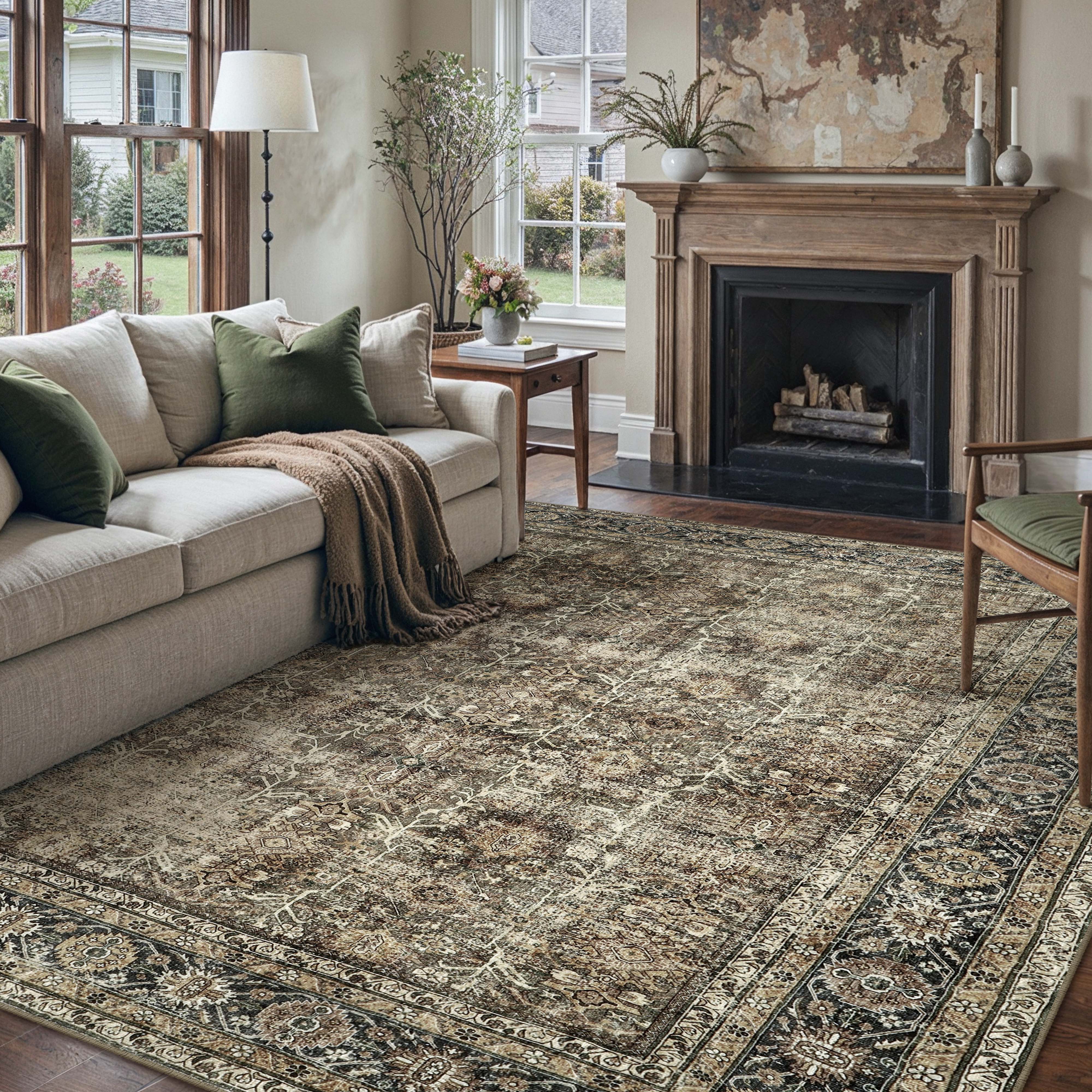 Selma Persian Vintage Brown Short Pile Distressed Washable Rug