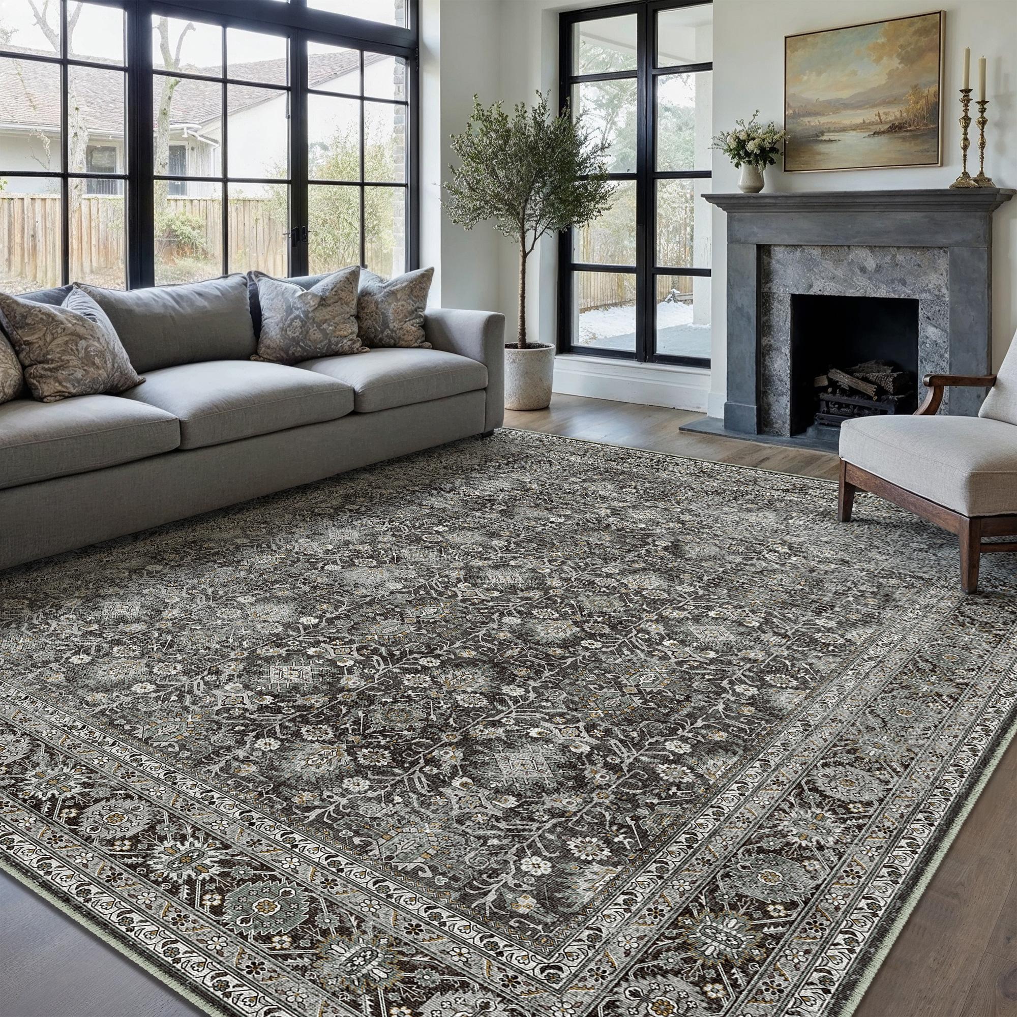 Selma Persian Vintage Black Short Pile Distressed Washable Rug