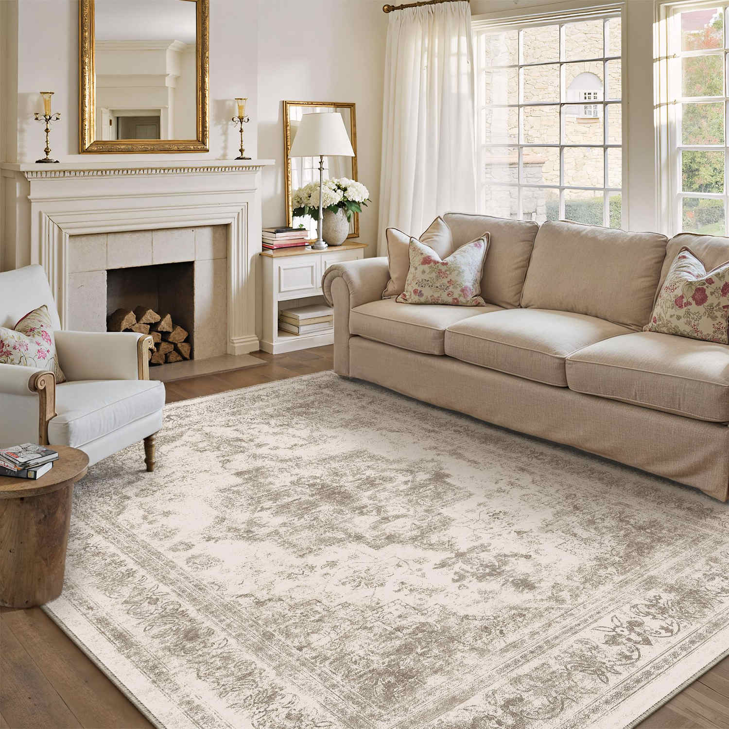 Nourah Vintage Persian Medallion Taupe Distressed Washable Rug