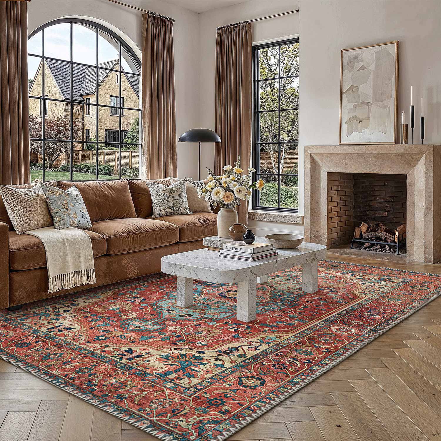 Gulara Vintage Persian Medallion Red Machine Washable Chenille Rug
