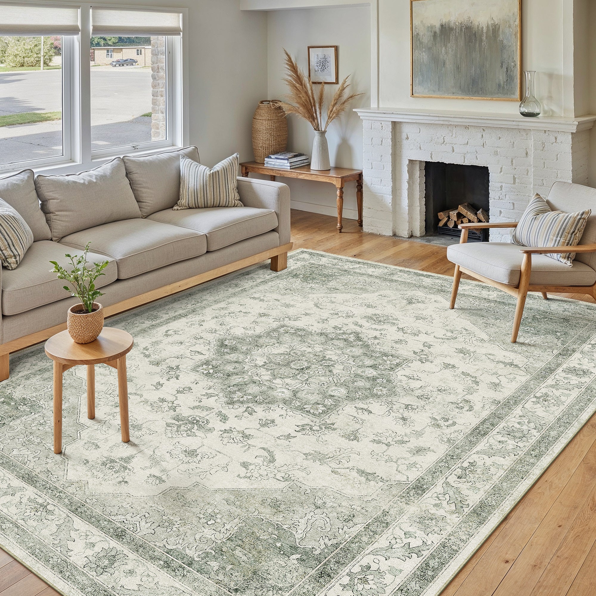 Sunburst Vintage Floral Green Traditional Machine Washable Area