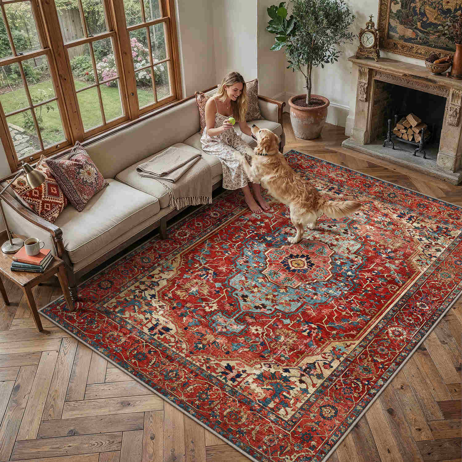ラグ・カーペット Vintage iranian rug Nicola Vintage Persian Medallion Red Short Pile Washable Rug