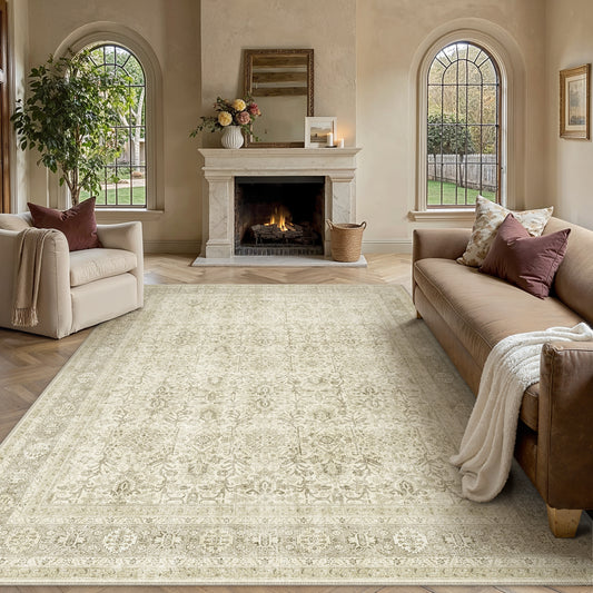 Selma Persian Vintage Beige Short Pile Distressed Washable Rug