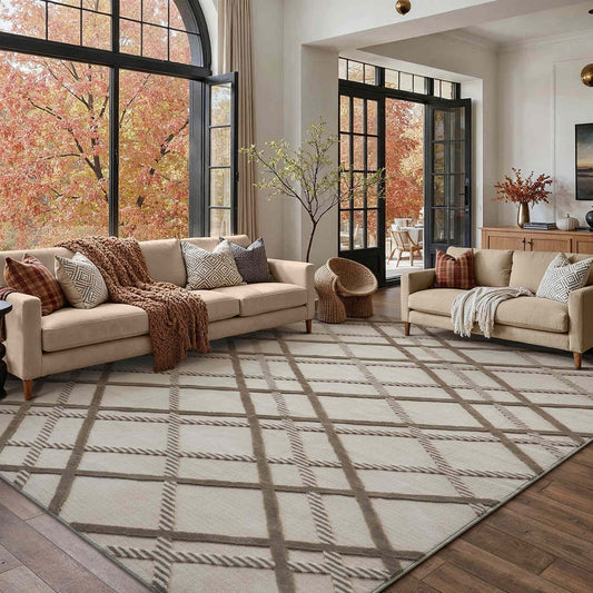 PureCozy Tamarix Modern Diamond Beige Shag Machine Washable Rug 8x10