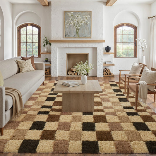 Mosaic Checkered Brown Shag Washable Rug