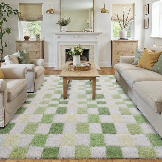 Mosaic Checkered Green Shag Washable Rug