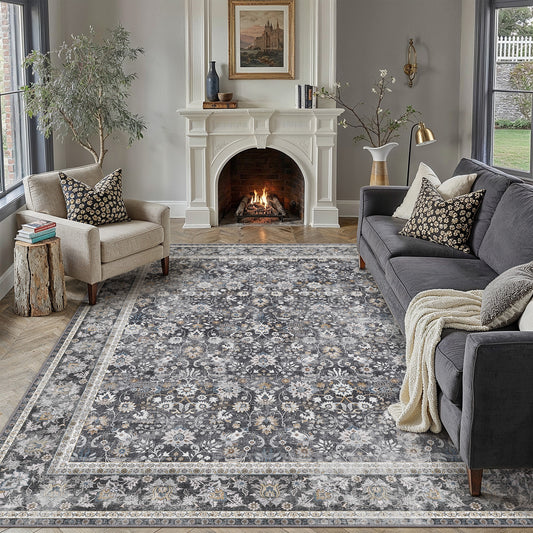 Thorned Garden Persian Vintage Black Traditional Washable Rug