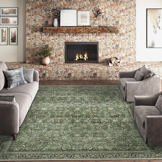 Amara Persian Vintage Green Short Pile Traditional Distressed Washable Rug