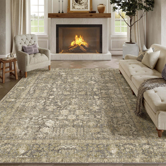 Sylva Vintage Persian Floral Brown Distressed Washable Rug