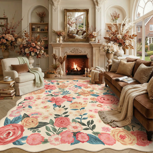 Bella Modern Floral Beige Washable Area Rug
