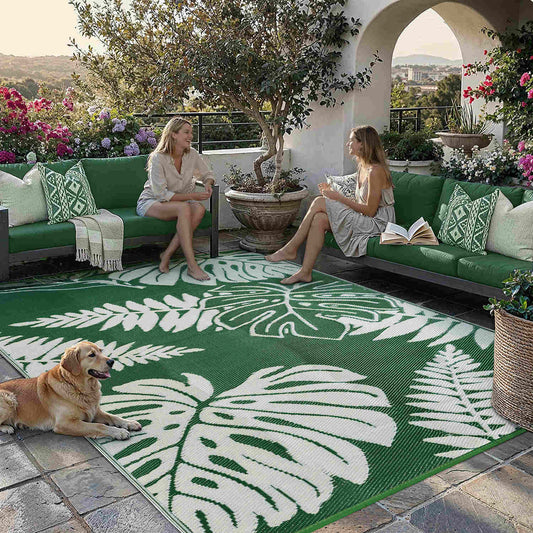 PureCozy Monstera Leaf Modern Floral Green White Outdoor Rug 9x12
