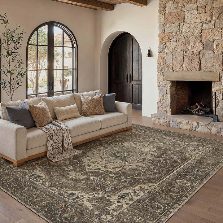 Bron Character Gulara Vintage Persian Medallion Brown Machine Washable Chenille Rug ...