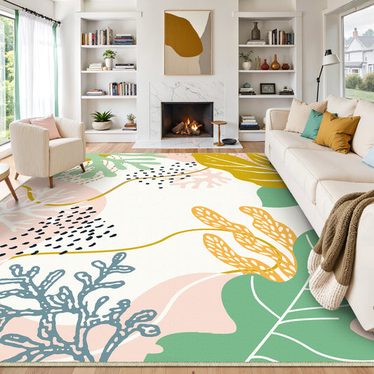 Coral Modern Floral Beige Machine Washable Area Rug