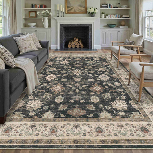 PureCozy Secret Garden Modern Floral Black Machine Washable Area Rug 9x12