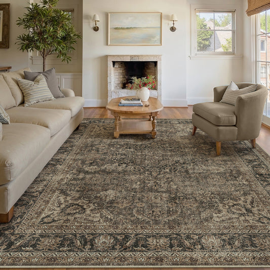 Aria Vintage Floral Brown Traditional Machine Washable Area Rug