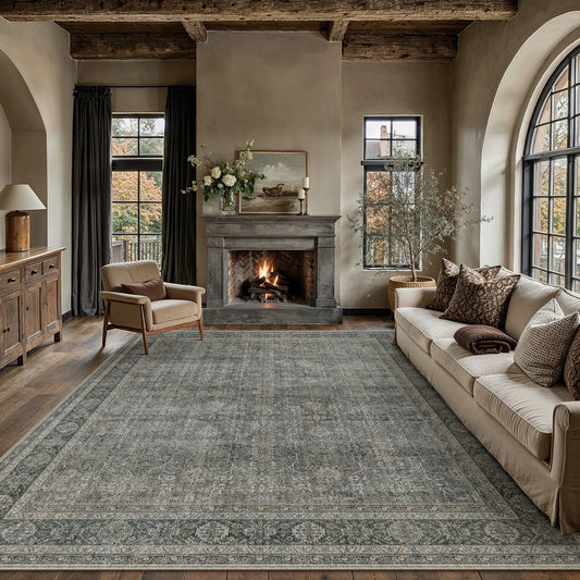 Selma Persian Vintage Gray Short Pile Distressed Washable Rug