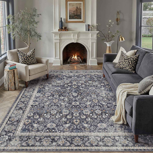 Thorned Garden Persian Vintage Black Traditional Washable Rug