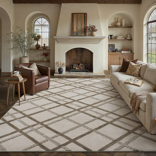 Tamarix Modern Diamond Beige Shag Machine Washable Rug