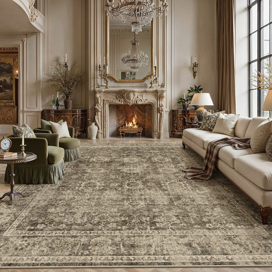 Farsia Persian Vintage Brown Short Pile Distressed Washable Rug