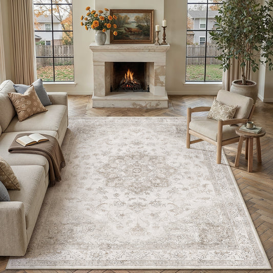 Sunburst Vintage Floral Taupe Traditional Machine Washable Area Rug
